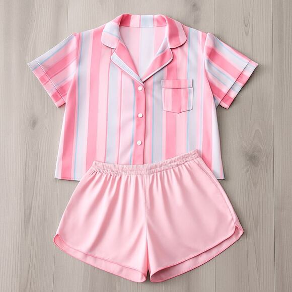 Victorias Secret Satin Pajama Set Pink Striped Button top Shorts Sleepwear XXL - Picture 1 of 13